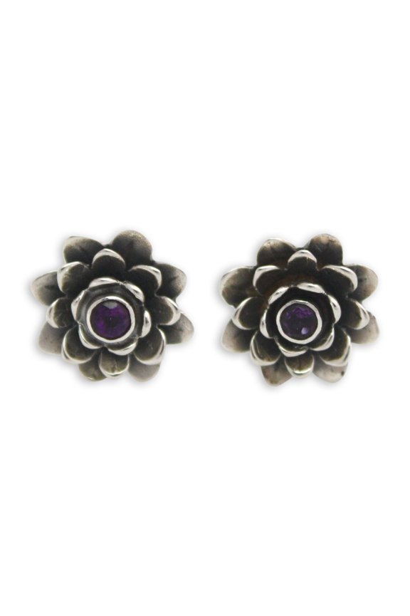 Amethyst flower earrings, 'Lilac-Eyed Lotus'