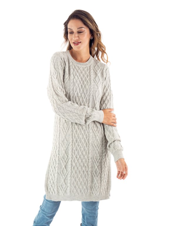 Artisan Handmade 100% Baby Alpaca Sweater Grey Tunic Dress Wool Clothing Pullovers Solidcable Knit Peru Long Lines in Grey