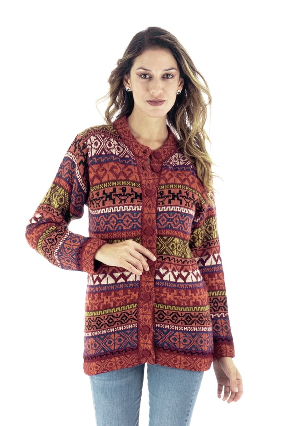 Artisan Handmade Alpaca Blend Cardigan Cherry Red With Inca Motifs, Geometric And Striped Patterned Wool Clothing Sweater From Peru Trending Fashion 'Empire Memories In Garnet'