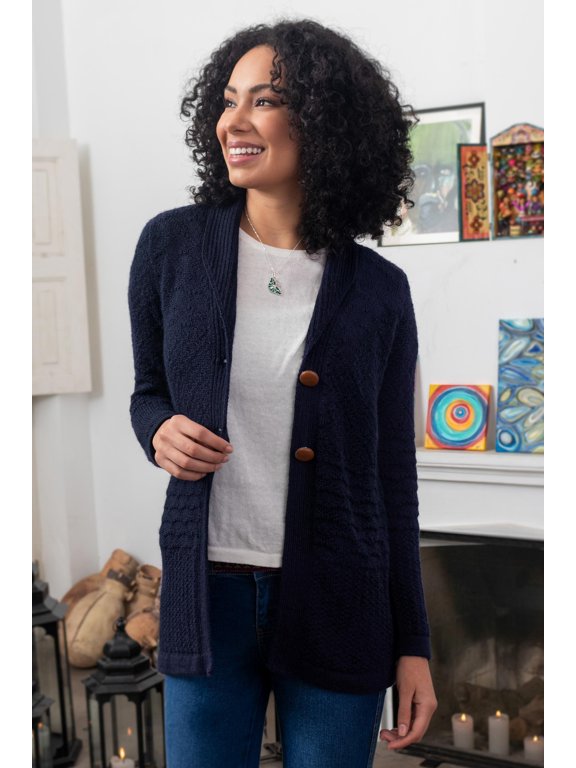 Artisan Handmade Alpaca Blend Cardigan Navy Blue Button down Sweater Wool Clothing Cardigans Solid Peru ' Textures in Blue'