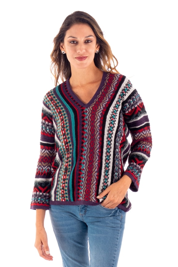 Artisan Handmade Alpaca Blend Sweater Vneck with Kimonostyle Sleeves Wool Clothing Multicolor Pullovers Patternedstriped Peru Bohemian Geometric Fall Style
