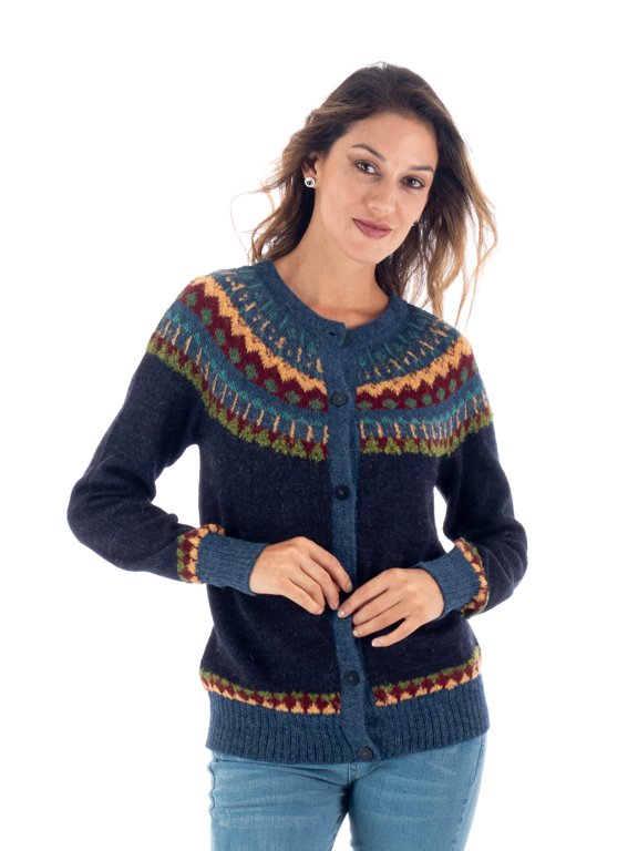 Artisan Handmade Alpaca Cardigan Sweater 100% Yoke with Buttons from Peru Wool Clothing Blue Cardigans Geometric ' Andean Alpine'