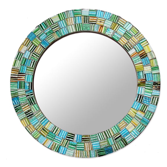 NOVICA Artisan Handmade Glass Mosaic Mirror Round in Aqua Green Wood India Wall Decor 'Aqua Trellis'