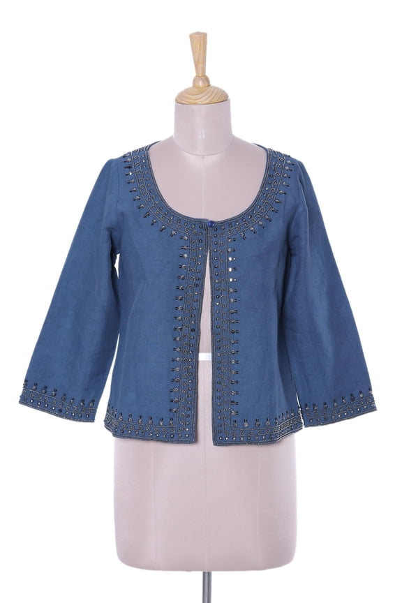 Artisan Handmade Linen Cotton Blend Jacket Blue Beaded Short Clothing Coat Reflecting Pond India Embellished ' Beaded Blue Elegance'