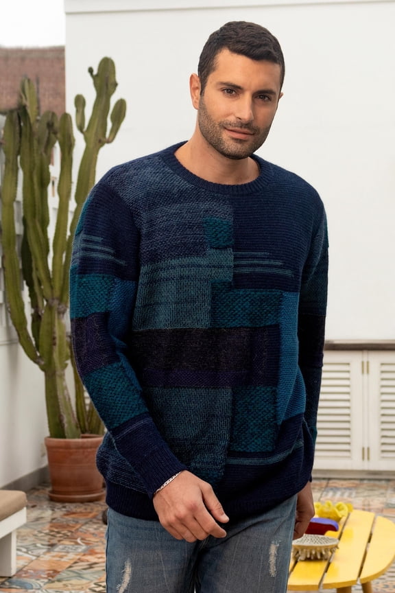 Artisan Handmade Men's 100% Alpaca Pullover Sweater Casual Blue in Wool Clothing Pullovers Patterned Peru Geometric ' Blue Building Blocks'
