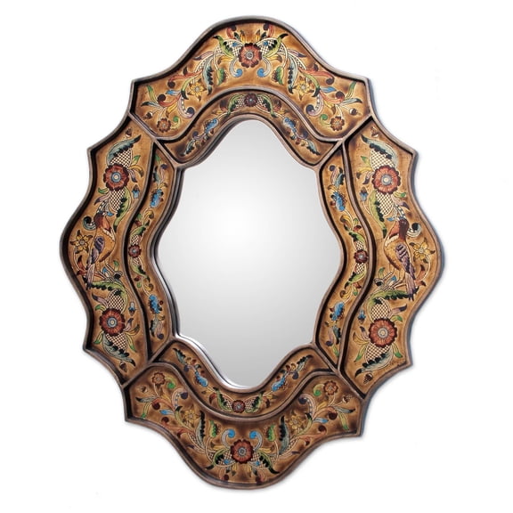 NOVICA Artisan Handmade Reverse Painted Glass Mirror Floral Brown Glasswood Peru Wall Decor Mirrors Animal Themed Hacienda Traditional Bird 'Song of Spring'