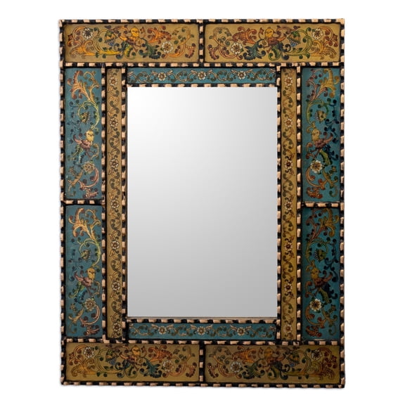 NOVICA Artisan Handmade Reverse Painted Glass Wall Mirror Wood Framed from Peru Turquoise Blue Decor Mirrors 'Golden Blue Elegance'