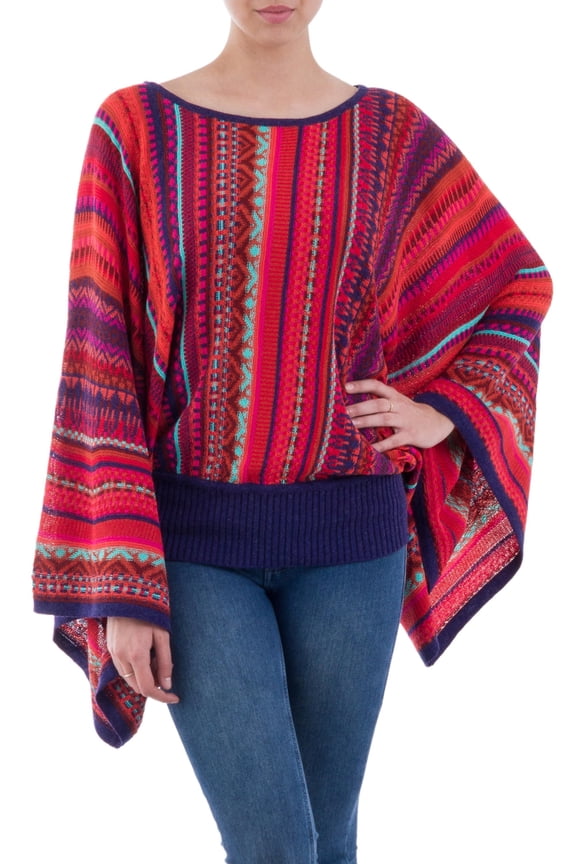 Artisan Handmade Striped Peruvian Alpaca Wool Kimono Sleeve Sweater in Multicolor Pattern, 'Cuzco Dance'