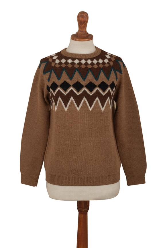 Artisan handmade 100% alpaca pullover sweater with geometric designs wool clothing brown earthtone pullovers patterned peru ' chimu geometry'