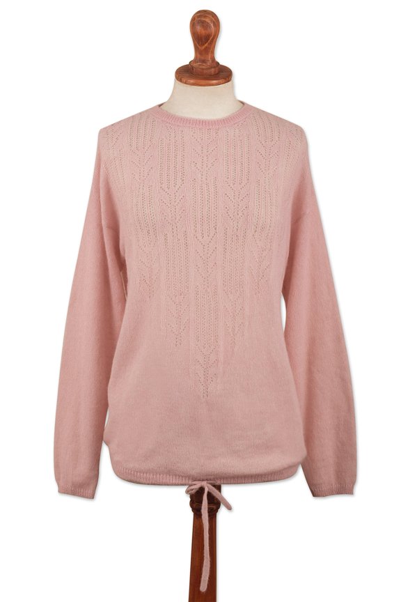 Artisan handmade alpaca blend pullover sweater pink blush patterned with drawstring wool clothing pullovers solid peru ' pink comfort'