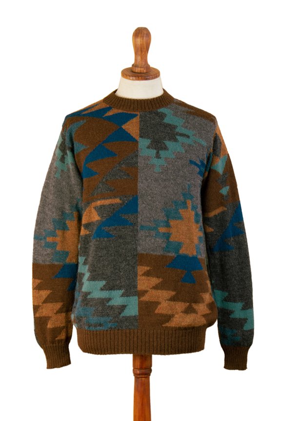 Artisan Handmade Men's Alpaca Pullover Sweater Multicolored Geometric Patterned Wool Clothing Pullovers Peru ' Quinoa Leaf'