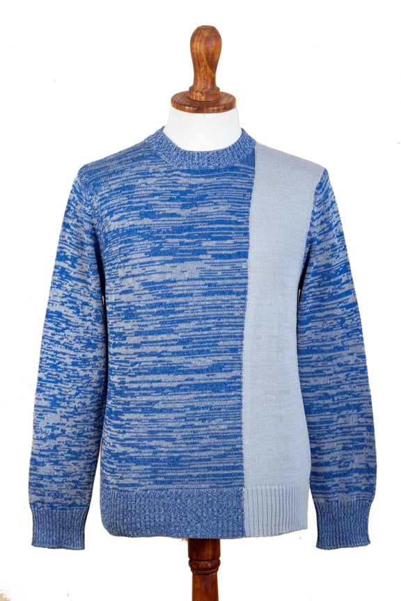 Artisan Handmade Men's Cottonblend Sweater Knit Blue Beige For In Peru Rayon Clothing Pullovers Patterned ' Sky Blue'