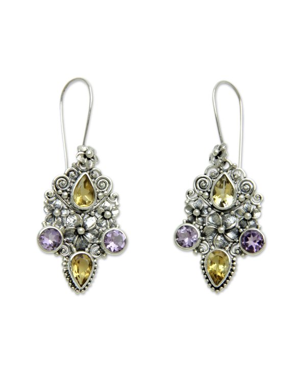 Balinese Citrine and Amethyst Stone .925Sterling Silver Hook Earrings, 'Secret Garden'