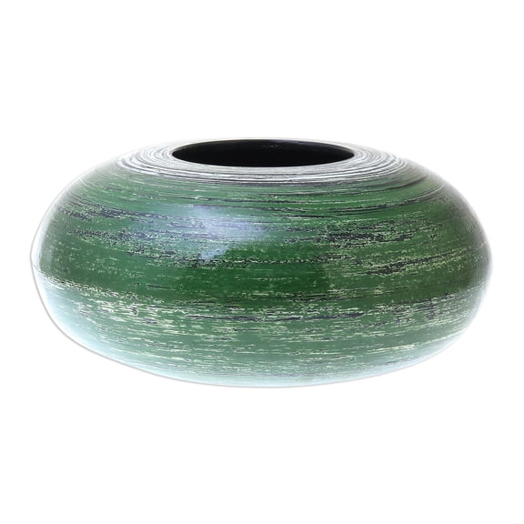 NOVICA Artisan Handmade Bamboo Decorative Vase Round Green Lacquerware from Thailand Vases [14in W x 6.75in H] ' Round Green'