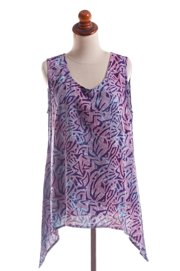 Artisan Handmade Batik Rayon Sleeveless Blouse from Bali Clothing Top Multicolor Purple Indonesia 'Purple Scoop'