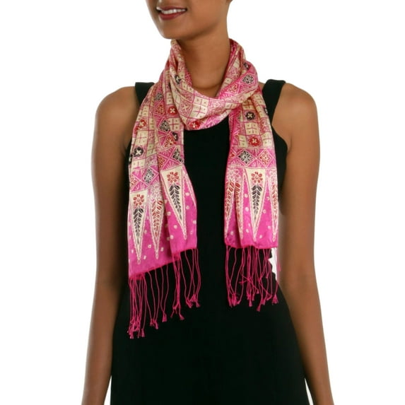 NOVICA Batik silk scarf, 'Azalea Truntum'