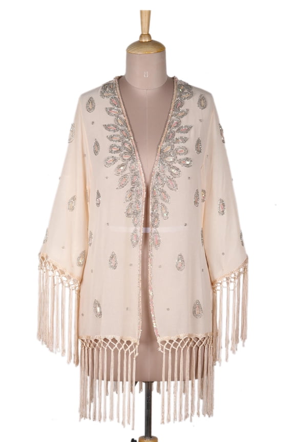Artisan Handmade Beaded Crepe Jacket Sequined from India Clothing Coat Pink Bohemian Embellished ' Bohemian Blush'