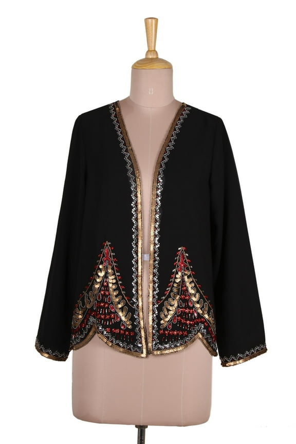 Artisan Handmade Beaded Jacket Black with Metallic Beadwork from India Clothing Coat Solid Embellished ' Midnight Glitz'
