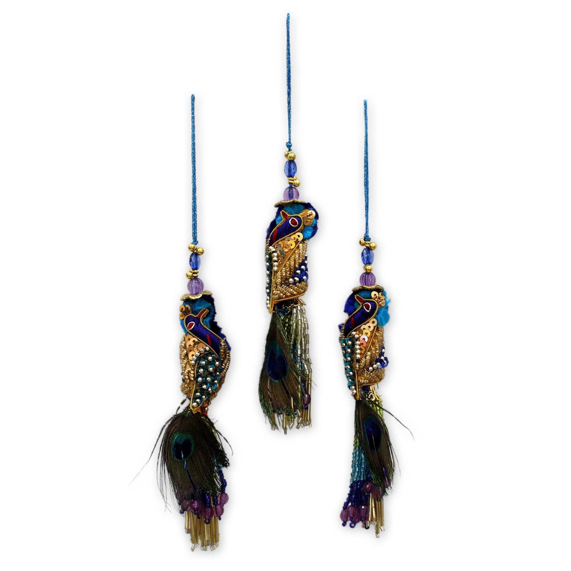 NOVICA Beaded ornaments, 'Royal Peacock' (set of 3)