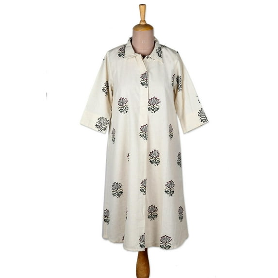 NOVICA Artisan Handmade Blockprinted Shift Dress Cotton Clothing Ivory Multicolor Printedembroidered India Floral ' A Stitch in Time'