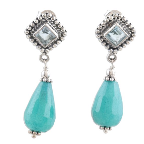 NOVICA Handmade .925 Sterling Silver Blue Topaz Agate Dangle Earrings from India Geometric 'Royal Loyalty'