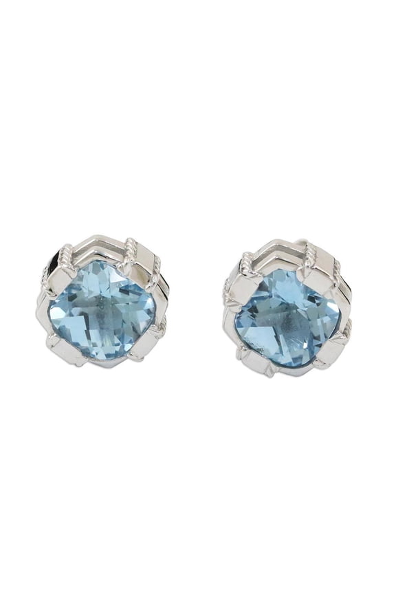 Artisan Handmade Blue Topaz Button Earrings Rhodium Plated from Thailand .925 Sterling Silver Tone Stud Gemstone Birthstone 'Everyday Glitz'