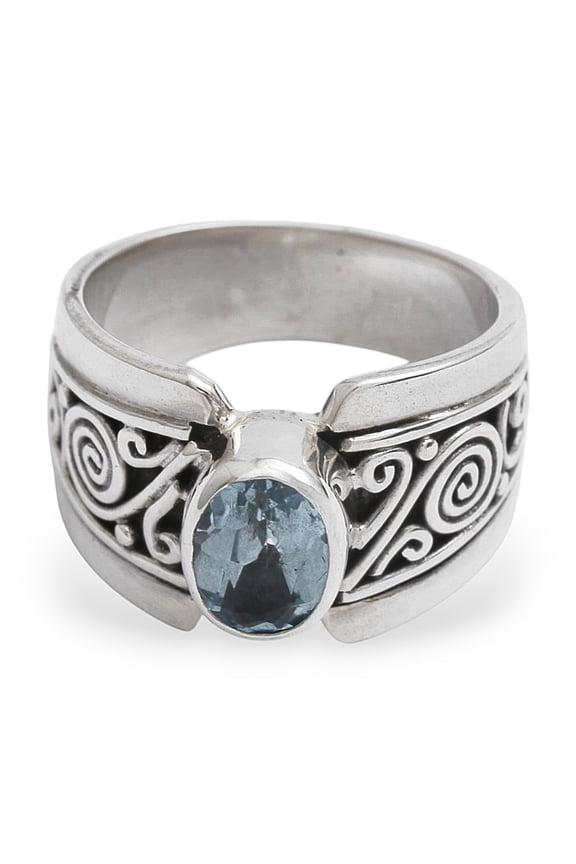 Artisan Handmade .925 Sterling Silver Blue Topaz Single Stone Ring Artisan Crafted Wide with Indonesia Serenity Birthstone 'Blue Karma'