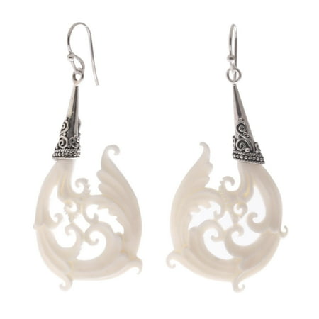 NOVICA Artisan Handmade Bone Dangle Earrings Sterling Silver from Bali Indonesia [3 in H x 1.3 in W x 0.3 in D] ' Temple Frills'