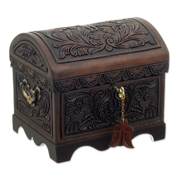 NOVICA Artisan Handmade Cedar and Leather Decorative Box | Floral Bird Motif | Brown Wood Accessories | 'Andean Flight' | 7" H x 8.75" W x 7" D