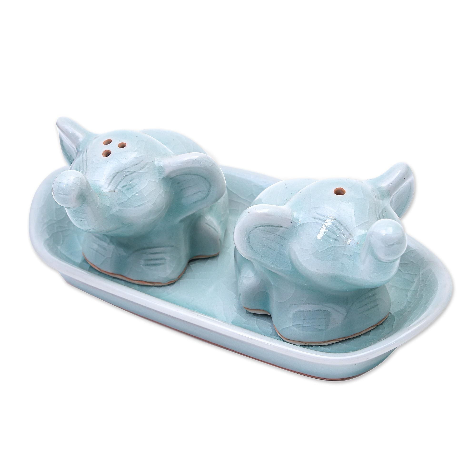 Aqua Celadon Ceramic Elephant Salt and Pepper Set with Tray