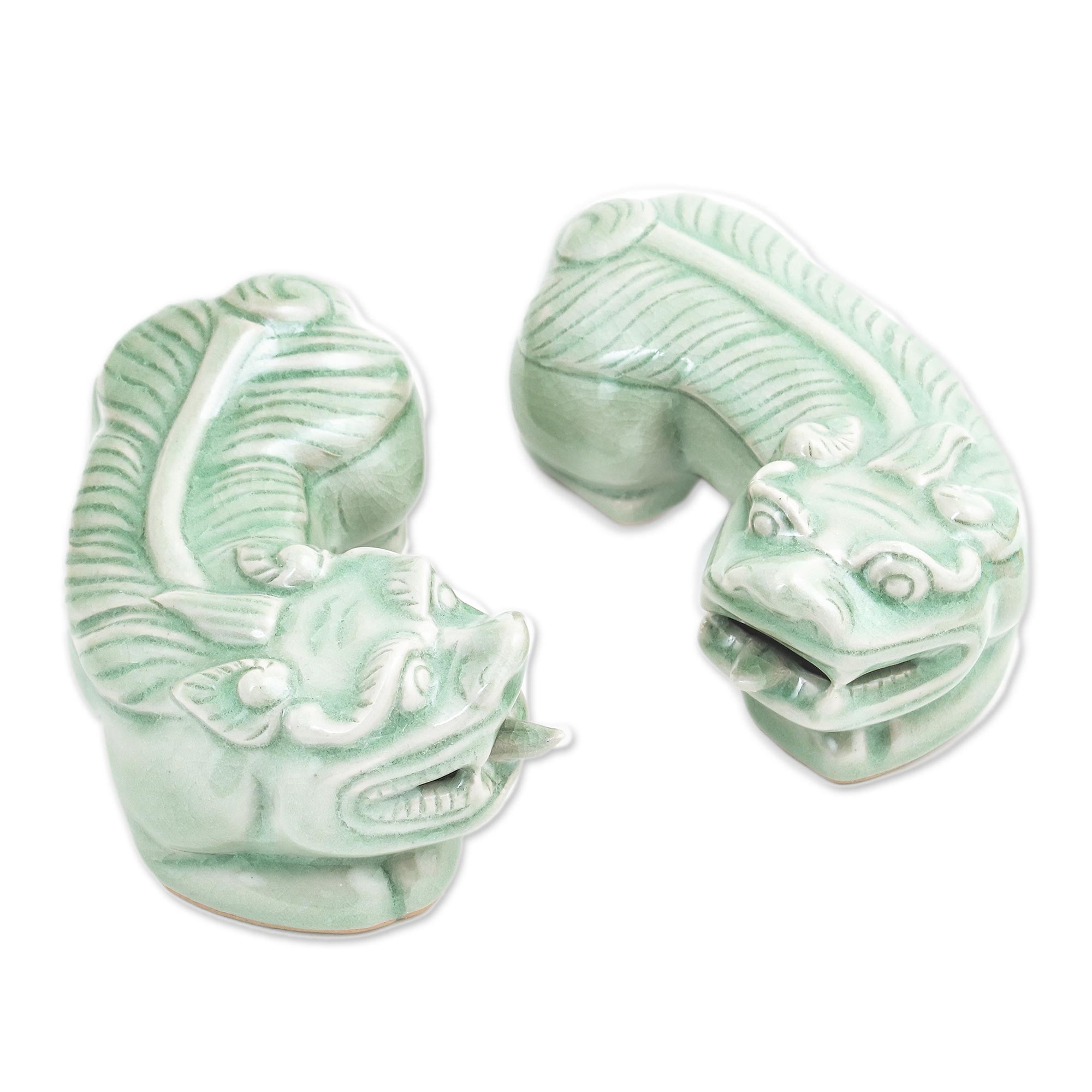 Pair of Green Celadon Ceramic Pi Xiu Sculptures