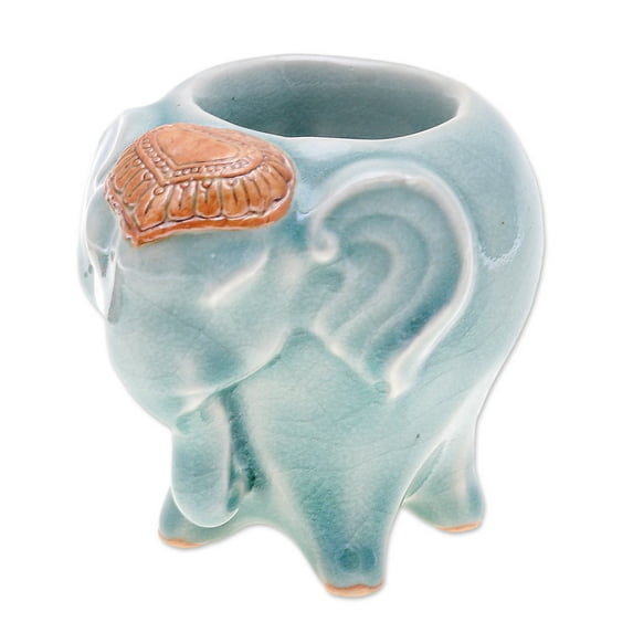NOVICA Celadon ceramic tealight holder, 'Bright Elephant in Green'
