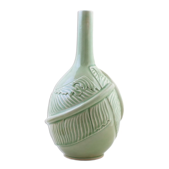 NOVICA Handmade Celadon Ceramic Vase Green Thailand 'Exotic Tropic'