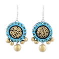 thumbnail image 1 of NOVICA Handcrafted 925 Sterling Silver Ceramic Dangle Earrings Blue Gold Circle India Sun [2 in L x 1 in W x 0.3 in D] 'Sun Catchers', 1 of 8