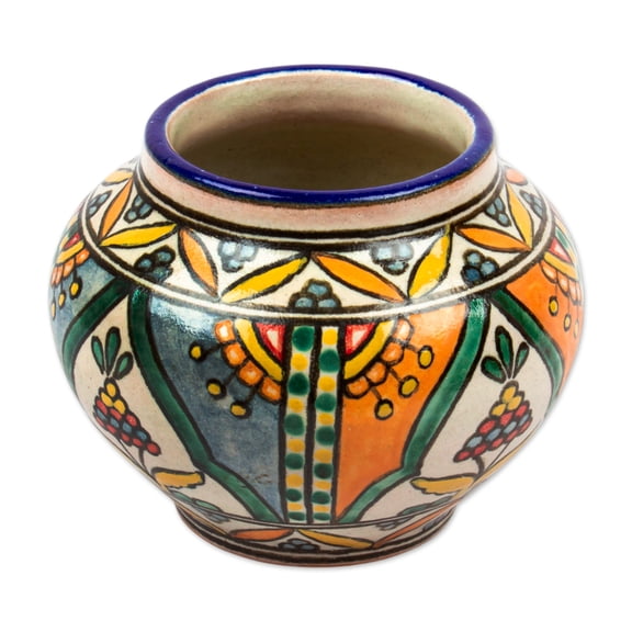 NOVICA Handmade Ceramic Flower Pot Talavera Inspired Unique from Puebla Mexico Multicolor Vases Hand Painted Leaf Tree 'Desert Fruits'