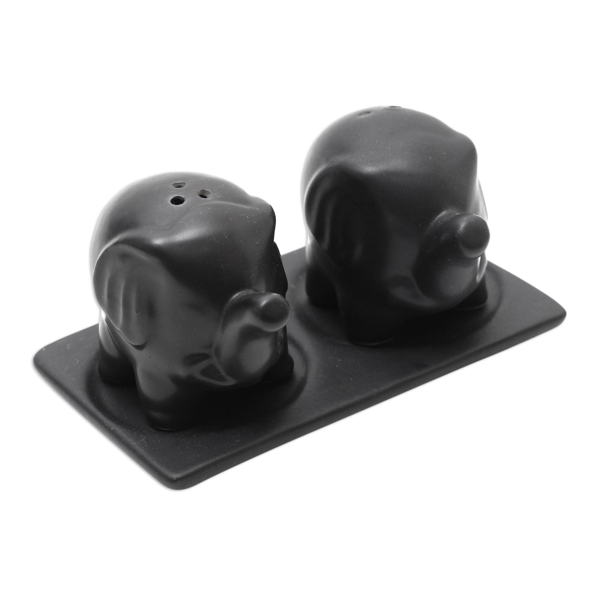 Matte Black Ceramic Elephant Salt and Pepper Set with Tray