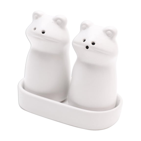 NOVICA Ceramic salt and pepper set, 'Fanciful Frogs in White'