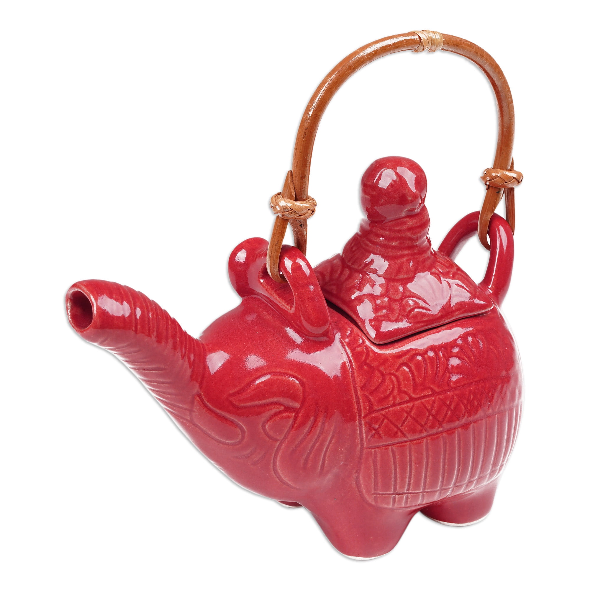 Ruby Red Ceramic Elephant Teapot with Rattan Handle