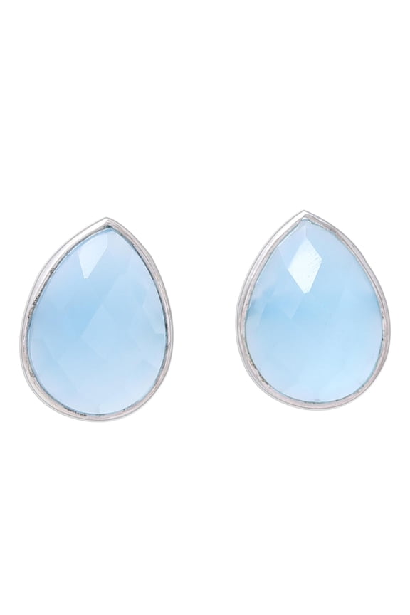 Artisan Handmade Chalcedony Button Earrings Teardrop from India Sterling Silver Gemstone [0.6 in L x 0.4 in W x 0.2 in D] ' Mystic Tears'