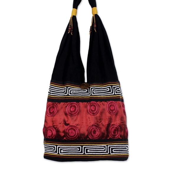 NOVICA Artisan Handmade Cotton Shoulder Bag Thai Style in Crimson Black Handbags Red Embroidered Thailand Hill Tribe Bohemian ' Crimson Wine'