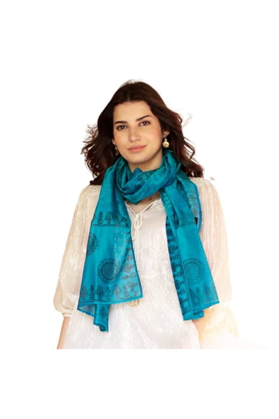 Artisan Handmade Cotton Silk Shawl Blend Wrap Patterned Accessories Shawls Blue India Block Print ' Turquoise Bihar'