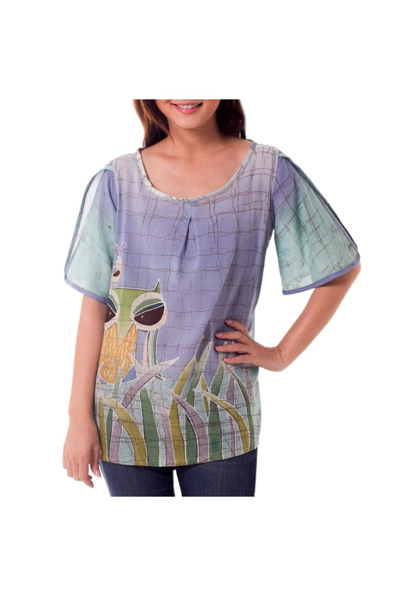 Artisan Handmade Cotton Batik Blouse Owl Print Clothing Top Purple Blouses Painted Thailand Animal Themed Bird ' Forest Owl'