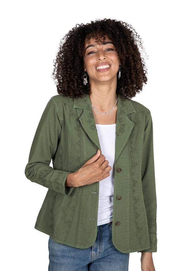 Artisan Hand Embroidered Cotton Blazer Jacket Laurel Green from Peru Clothing Coat Embroideredsolid Floral Travel Friendly ' Andean Fields'