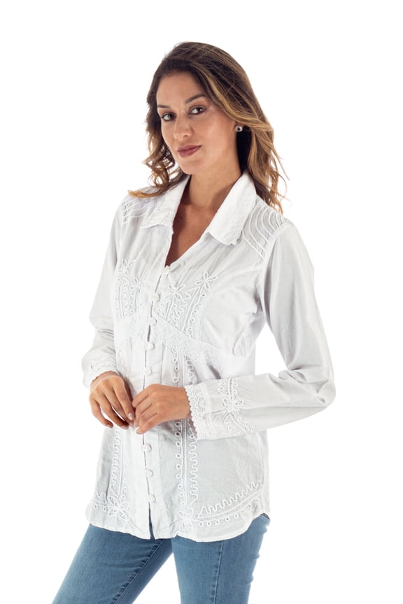 Artisan Handmade Cotton Blouse Lily of The Incas Buttonfront White Clothing Top Blouses Embroidered Peru Travel Friendly ' Lily of The Incas'