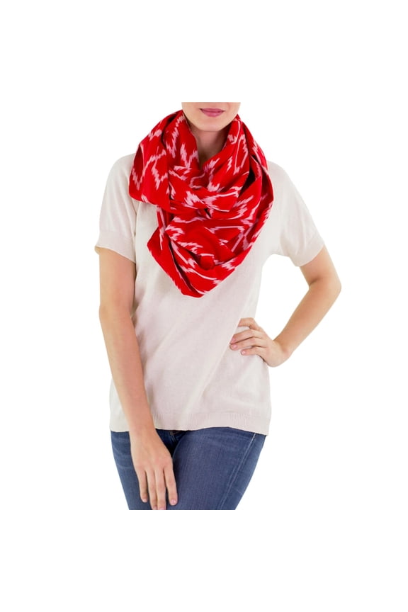 Artisan Handmade Cotton Infinity Scarf Red White Patterned Woven Accessories Scarves Aurora Guatemala ' Ruby Maya'
