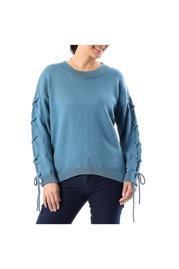 Artisan Handmade Cotton Pullover Knit in Cerulean from Thailand Clothing Sweater Blue Turquoise Pullovers Solid ' Cool Cross in Cerulean'