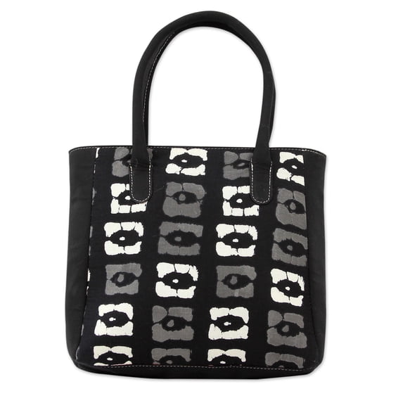 NOVICA Artisan Handmade Cotton Tote Bag Indian Black Grey Beige with Three Pockets Handbags Or Gray Patterned Geometric ' Building Blocks'