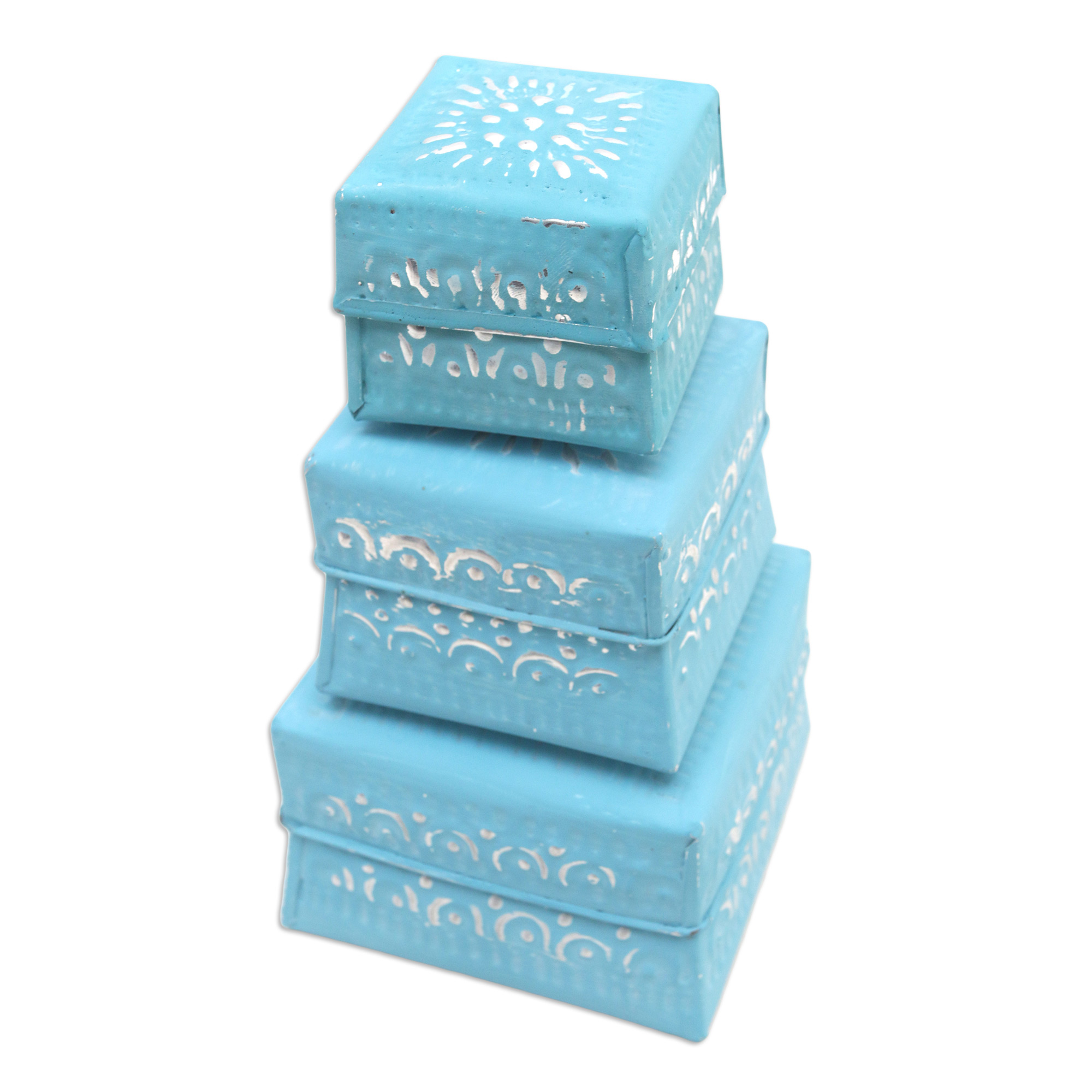 NOVICA Decorative aluminum boxes, 'Shimmering Blue' (set of 3)