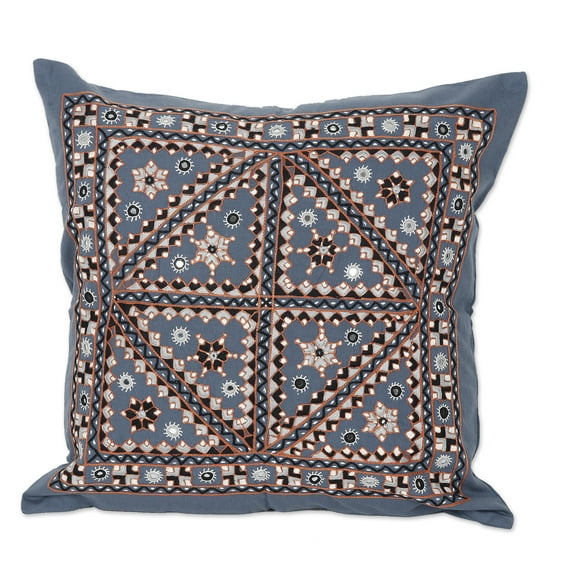 NOVICA Embroidered cotton cushion cover, 'Azure Constellation'