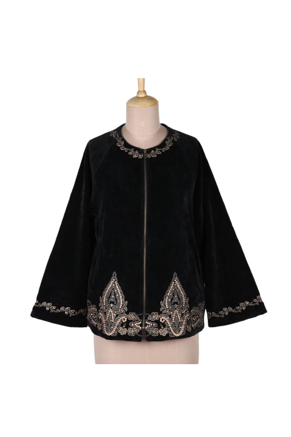Artisan Hand Embroidered Velvet Jacket Black Zipfront Cotton Clothing Coat India Embellished ' Midnight Glamour'